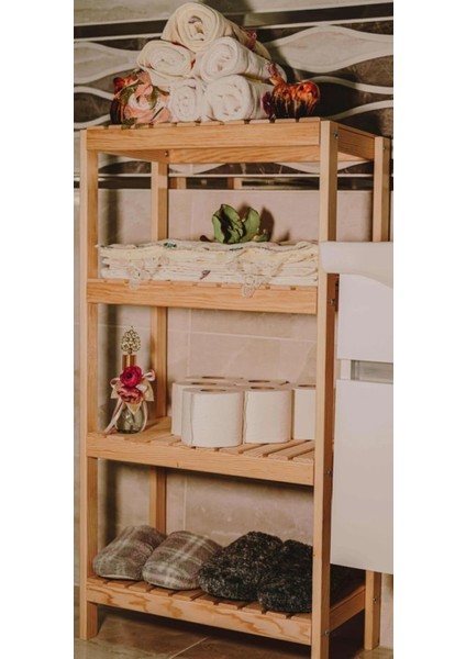 Ahşap Banyo Rafı 4 Raflı Havluluk Sabunluk Dekoratif Raf Dolap Banyo Düzenleyici Çok Amaçlı Raf
