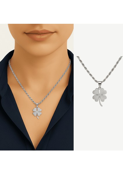 Kadın Çelik Kolye - Burma Model Zincirli - Yonca Yaprağı Tasarım - Gümüş Renk fiyatları