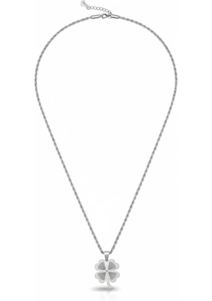 Kadın Çelik Kolye - Burma Model Zincirli - Yonca Yaprağı Tasarım - Gümüş Renk indirimleri