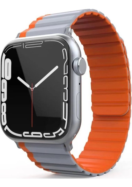 Apple Watch 42MM Mo-Wb1 Çift Renk Mıknatıslı Silikon Kordon - GRI-TURUNCU-(5796) - I89H05N8-9A0