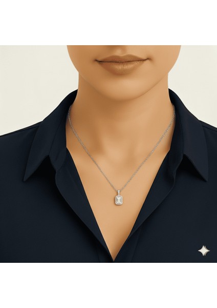 Kadın Çelik Tek Taş Kolye - Baget Zirkon Taşlı - Forse Zincirli - Gümüş Renk modelleri