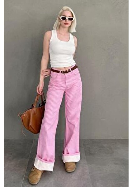 Pembe Çizgili Kadın Jean Pantolon %100 COTTON MG2463 Rahat Kesim