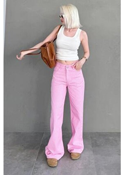 Pembe Çizgili Kadın Jean Pantolon %100 COTTON MG2463 Rahat Kesim