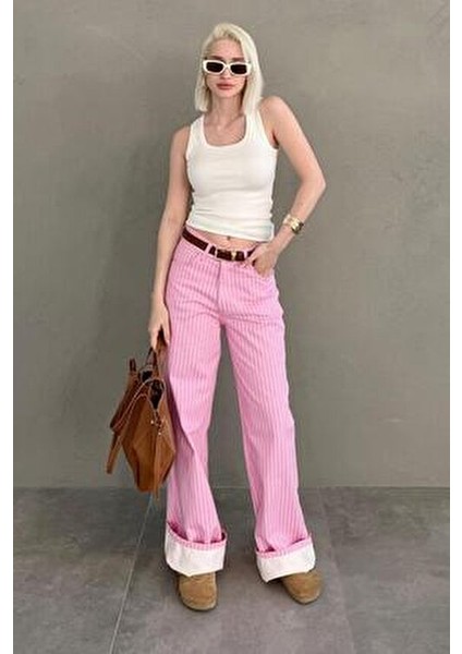 Pembe Çizgili Kadın Jean Pantolon %100 COTTON MG2463 Rahat Kesim