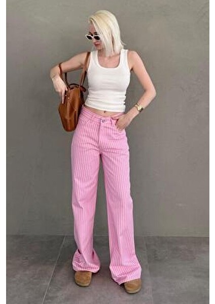 Pembe Çizgili Kadın Jean Pantolon %100 COTTON MG2463 Rahat Kesim