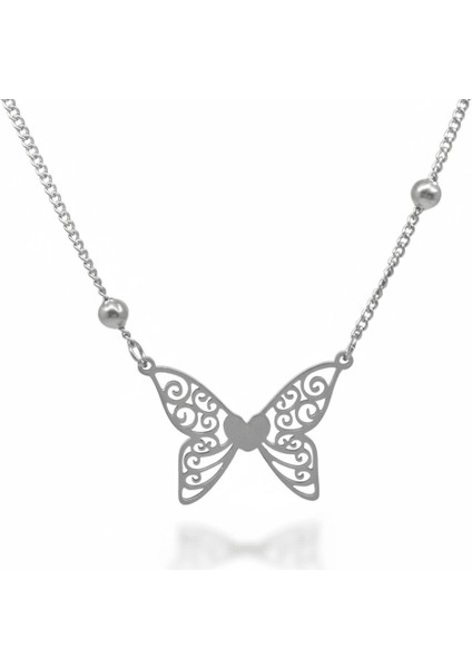 Kadın Çelik Kolye - Kelebek Tasarım - Gümüş Renk