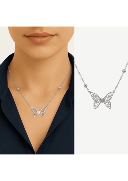 Kadın Çelik Kolye - Kelebek Tasarım - Gümüş Renk fiyatları