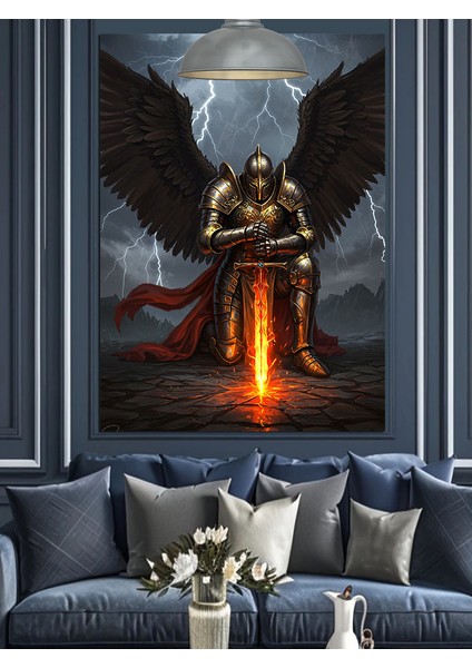 Siyah Kanatlı Alev Kılıçlı Şövalye Dekoratif Kanvas - Mdf Ahşap Tablo