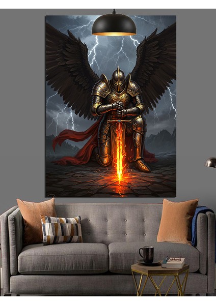 Siyah Kanatlı Alev Kılıçlı Şövalye Dekoratif Kanvas - Mdf Ahşap Tablo fiyatları