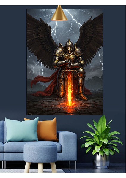 Siyah Kanatlı Alev Kılıçlı Şövalye Dekoratif Kanvas - Mdf Ahşap Tablo modelleri