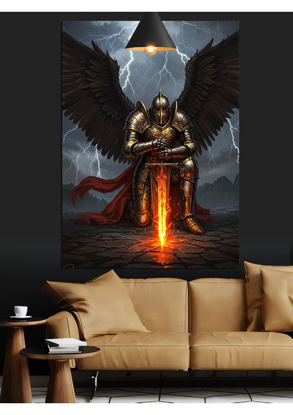 Siyah Kanatlı Alev Kılıçlı Şövalye Dekoratif Kanvas - Mdf Ahşap Tablo fırsatları