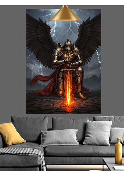 Siyah Kanatlı Alev Kılıçlı Şövalye Dekoratif Kanvas - Mdf Ahşap Tablo indirimleri