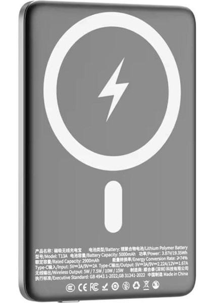 Manyetik Kablosuz Şarj Taşınabilir Alüminyum Alaşım Powerbank- 5000MAH Hızlı Şarj Ultra Ince