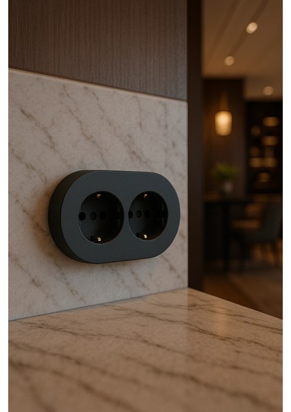 Antrasit Renk Ikili Topraklı Priz – Modern Sıva Üstü Duvar Prizi, Lüks Dekoratif Elektrik Priz Çift Girişli