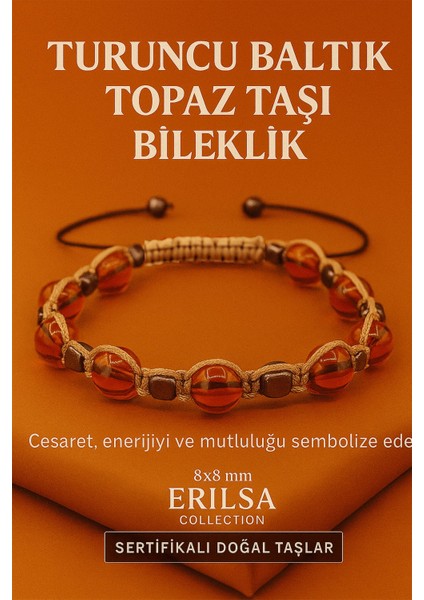 Sertifikalı Turuncu Baltık Topaz Doğal Taş Bileklik - 8x8 mm Cesaret Mutluluk Enerji Taşı