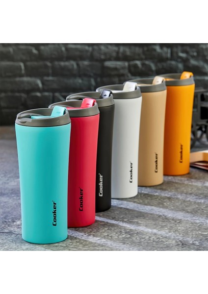 400ML TERMOS BARDAK RENKLİ PASLANMAZ ÇELİK - KAYDIRMAZ TPR TABAN - SIZDIRMAZ KAPAK (4887)