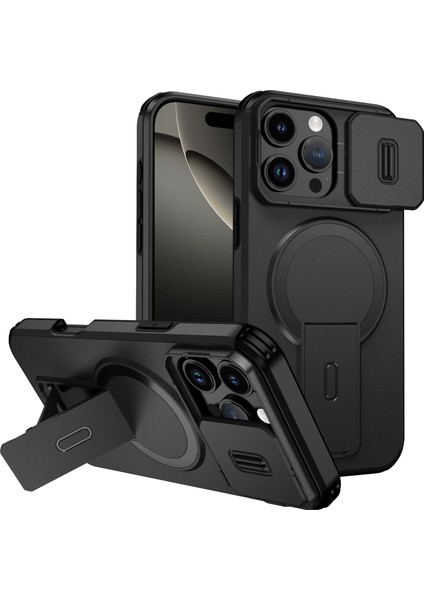 iPhone 16 Pro Max Için Manyetik Kılıf, Kayar Kamera Korumalı Çift Katmanlı Darbeye Dayanıklı Telefon Kılıfı, Ayarlanabilir Stand, Siyah (Yurt Dışından)