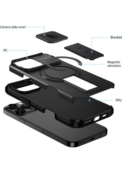 iPhone 16 Pro Max Için Manyetik Kılıf, Kayar Kamera Korumalı Çift Katmanlı Darbeye Dayanıklı Telefon Kılıfı, Ayarlanabilir Stand, Siyah (Yurt Dışından) fiyatları