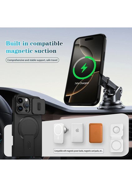 iPhone 16 Pro Max Için Manyetik Kılıf, Kayar Kamera Korumalı Çift Katmanlı Darbeye Dayanıklı Telefon Kılıfı, Ayarlanabilir Stand, Siyah (Yurt Dışından) modelleri