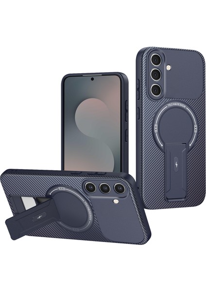 Samsung Galaxy S25 Fe Için Manyetik Kılıf, Standlı Karbon Fiber Tasarımlı Tpu Hibrit Telefon Kılıfı, Mavi (Yurt Dışından)