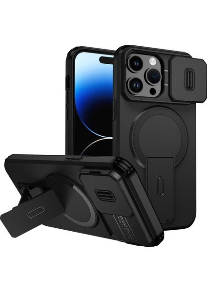 iPhone 14 Pro Için Manyetik Kılıf, Kayar Kamera Korumalı Çift Katmanlı Darbeye Dayanıklı Telefon Kılıfı, Ayarlanabilir Stand, Siyah (Yurt Dışından)
