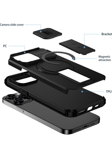 iPhone 14 Pro Için Manyetik Kılıf, Kayar Kamera Korumalı Çift Katmanlı Darbeye Dayanıklı Telefon Kılıfı, Ayarlanabilir Stand, Siyah (Yurt Dışından) fiyatları