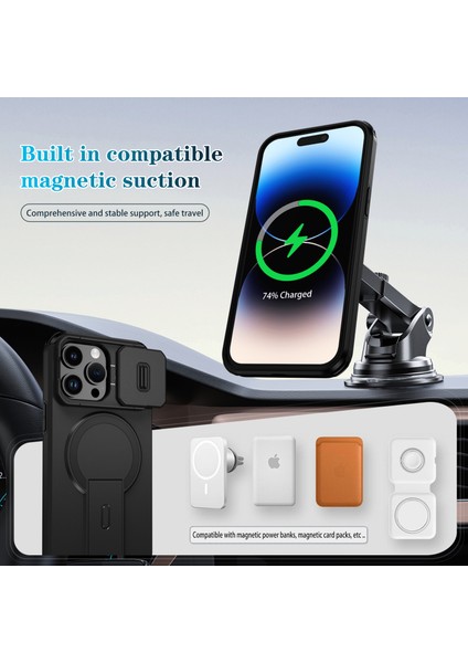iPhone 14 Pro Için Manyetik Kılıf, Kayar Kamera Korumalı Çift Katmanlı Darbeye Dayanıklı Telefon Kılıfı, Ayarlanabilir Stand, Siyah (Yurt Dışından) modelleri