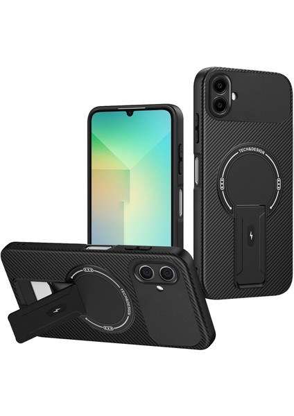 Samsung Galaxy A07 4g Için Manyetik Kılıf, Standlı Karbon Fiber Tasarımlı Tpu Hibrit Telefon Kılıfı, Siyah (Yurt Dışından)