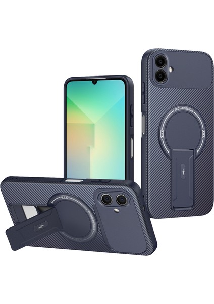 Samsung Galaxy A07 4g Için Manyetik Kılıf, Standlı Karbon Fiber Tasarımlı Tpu Hibrit Telefon Kılıfı, Mavi (Yurt Dışından)