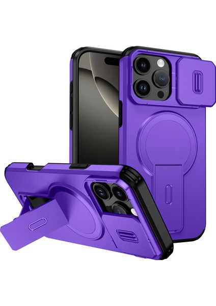 iPhone 16 Pro Max Için Manyetik Kılıf, Kayar Kamera Korumalı Çift Katmanlı Darbeye Dayanıklı Telefon Kılıfı, Ayarlanabilir Stand, Mor (Yurt Dışından)