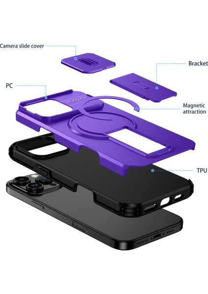 iPhone 16 Pro Max Için Manyetik Kılıf, Kayar Kamera Korumalı Çift Katmanlı Darbeye Dayanıklı Telefon Kılıfı, Ayarlanabilir Stand, Mor (Yurt Dışından) fiyatları