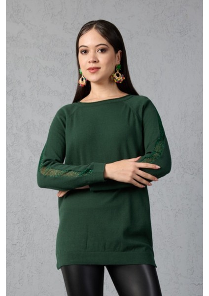 Kadın Haki Reglan Kol Simli Detaylı Yuvarlak Yaka Triko Bluz