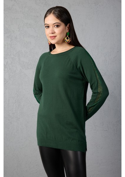 Kadın Haki Reglan Kol Simli Detaylı Yuvarlak Yaka Triko Bluz fiyatları