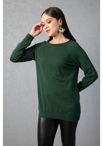 Kadın Haki Reglan Kol Simli Detaylı Yuvarlak Yaka Triko Bluz modelleri