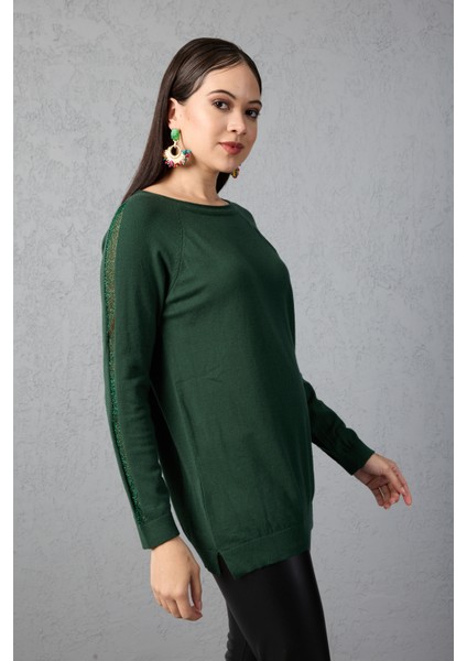 Kadın Haki Reglan Kol Simli Detaylı Yuvarlak Yaka Triko Bluz fırsatları