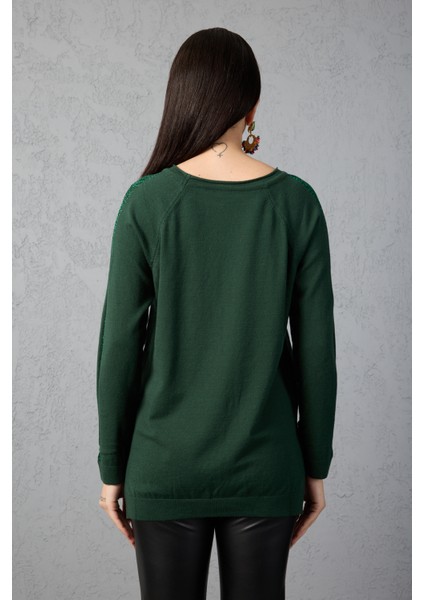 Kadın Haki Reglan Kol Simli Detaylı Yuvarlak Yaka Triko Bluz indirimleri