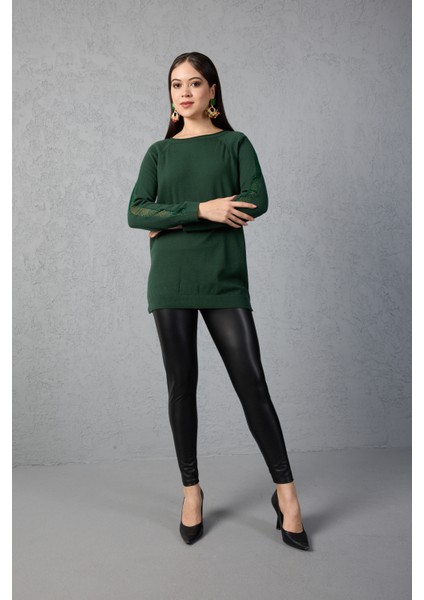 Kadın Haki Reglan Kol Simli Detaylı Yuvarlak Yaka Triko Bluz