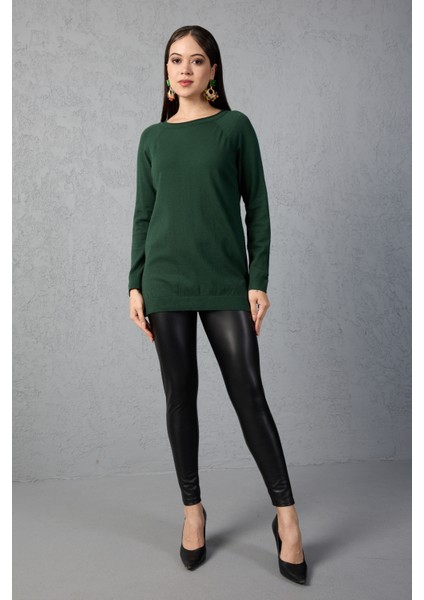 Kadın Haki Reglan Kol Simli Detaylı Yuvarlak Yaka Triko Bluz