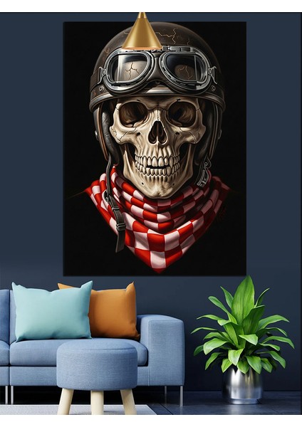 Motorcu Kasklı Kuru Kafa Dekoratif Kanvas - Mdf Ahşap Tablo