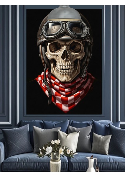 Motorcu Kasklı Kuru Kafa Dekoratif Kanvas - Mdf Ahşap Tablo fırsatları