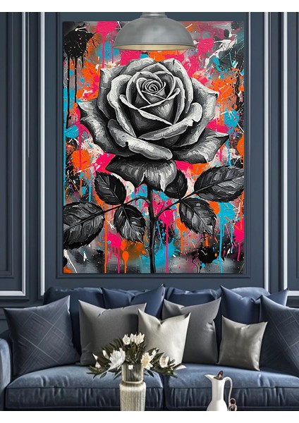 Siyah Gül Çizimi Renkli Dekoratif Kanvas - Mdf Ahşap Tablo