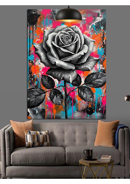 Siyah Gül Çizimi Renkli Dekoratif Kanvas - Mdf Ahşap Tablo fiyatları
