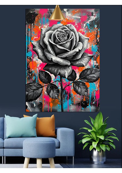 Siyah Gül Çizimi Renkli Dekoratif Kanvas - Mdf Ahşap Tablo modelleri