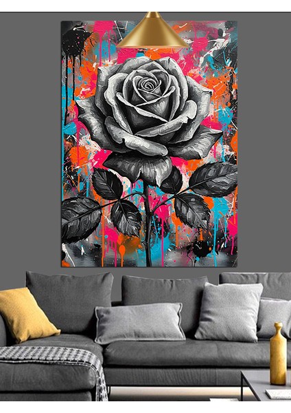 Siyah Gül Çizimi Renkli Dekoratif Kanvas - Mdf Ahşap Tablo indirimleri