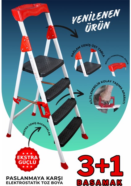 Elegance 3+1 Geniş Basamaklı Kolay Taşıma Aparatlı Merdiven Kaliteli Paslanmaz