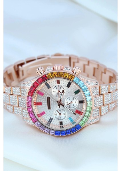 Clariss Trend Rose Metal Kordonlu Zirkon Taş Kaplama Renkli Taşlı Kasa Tasarımlı Lüx Kadın Kol Saati fiyatları