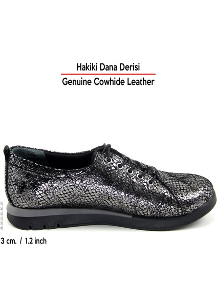 Khloe Gümüş Yılan Hakiki Dana Derisi Yuvarlak Burun Düz Taban Günlük Ayakkabı