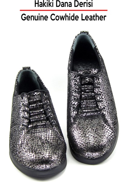 Khloe Gümüş Yılan Hakiki Dana Derisi Yuvarlak Burun Düz Taban Günlük Ayakkabı