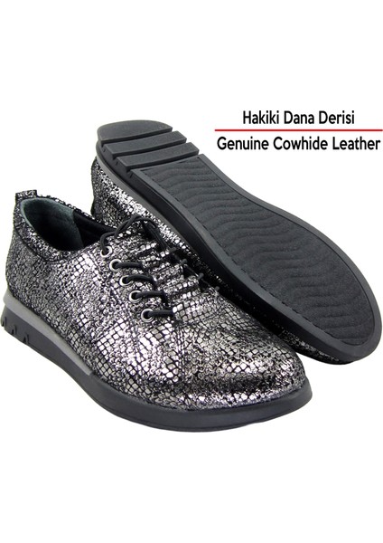 Khloe Gümüş Yılan Hakiki Dana Derisi Yuvarlak Burun Düz Taban Günlük Ayakkabı
