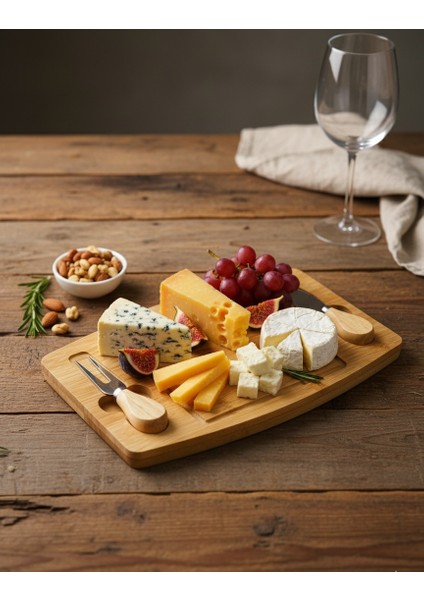 Bambu 2 Bıçaklı Peynir Sunum Tahtası - Et Sunumluk - Kahvaltı Sunumluğu -Dekoratif Sunumluk